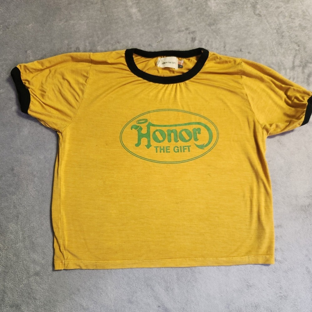 Women's Honor The Gift Baby Tee Medium Yellow Graphic Ringer Shirt T-shirt M